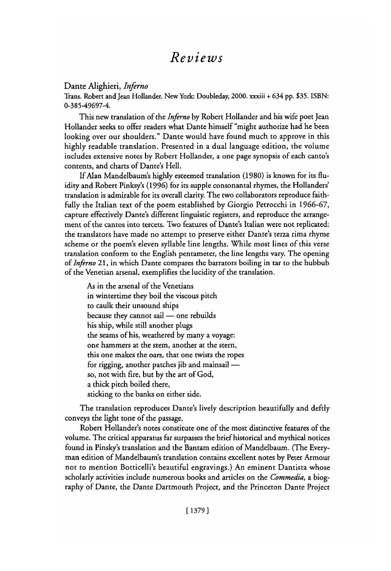 Alighieri Dante, Inferno Trans. Robert and Hollander Jean. New York:  Doubleday, 2000. xxxiii + 634 pp. $35. ISBN: 0-385-49697-4., Renaissance  Quarterly