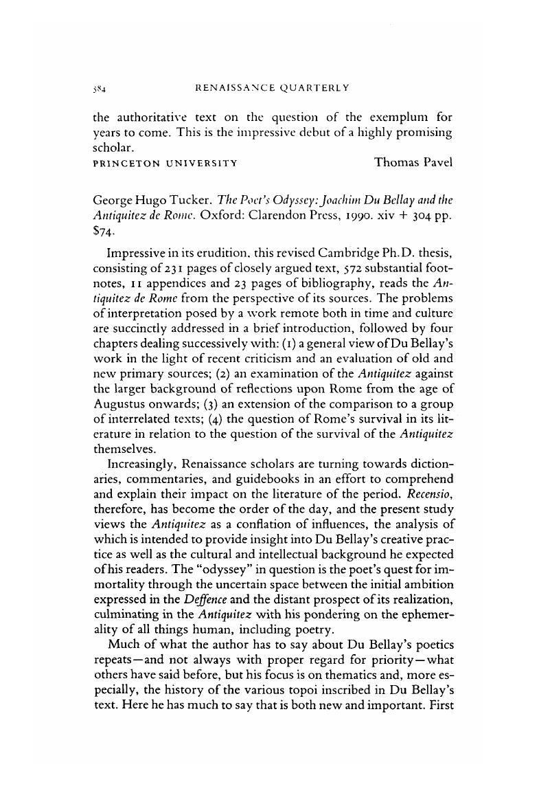 George Hugo Tucker The Poet S Odyssey Joachim Du Bellay And The Antiquitez De Rome Oxford Clarendon Press 1990 Xiv 304 Pp 74 Renaissance Quarterly Cambridge Core