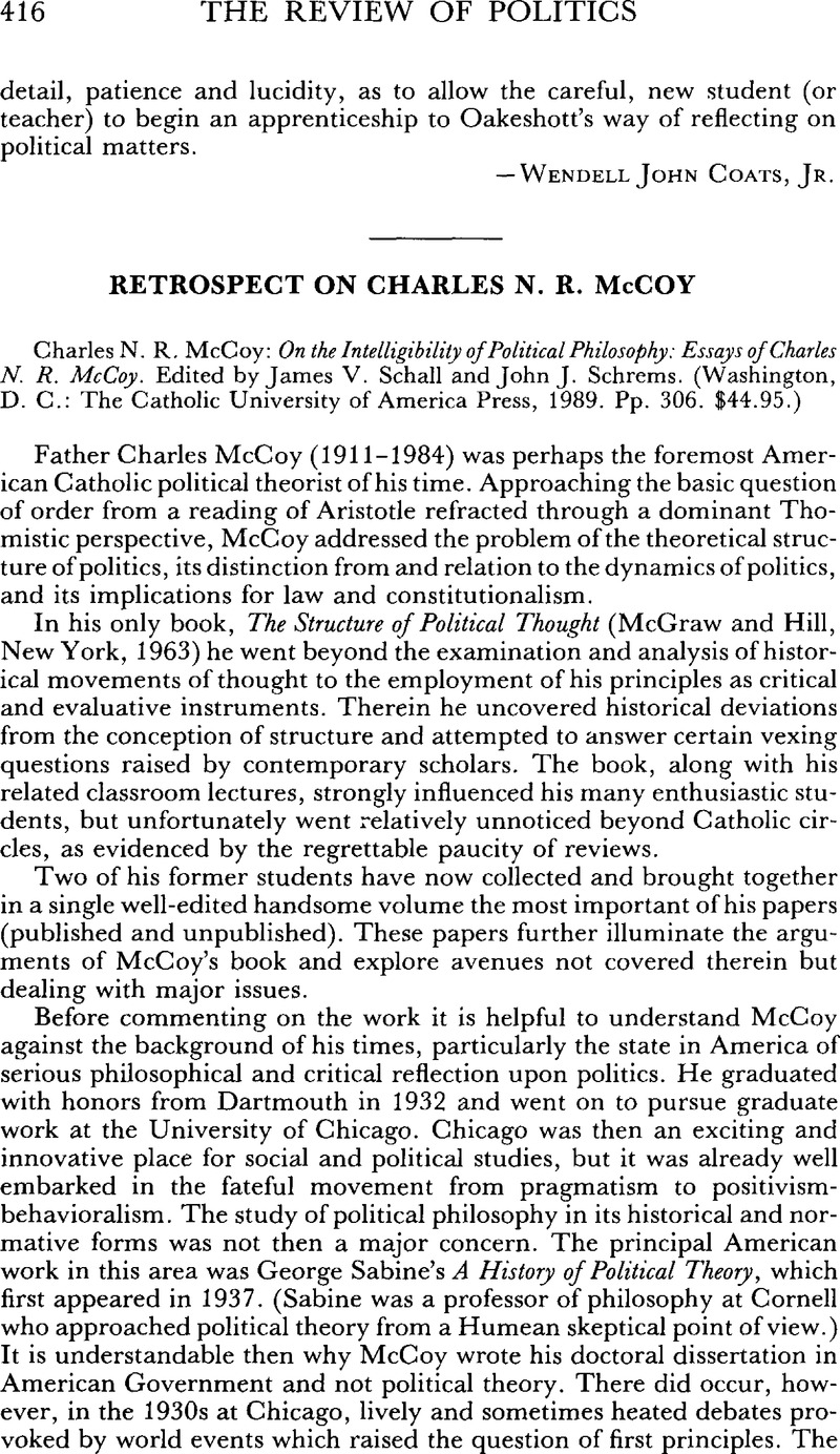 Retrospect On Charles N R Mccoy Charles N R Mccoy On The Intelligibility Of Political Philosophy Essays Of Charles N R Mccoy Edited By James V Schall And John J Schrems