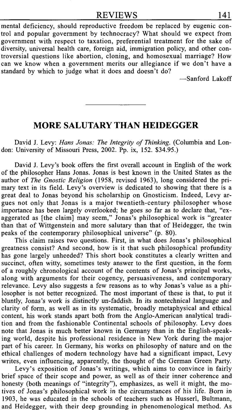 More Salutary than Heidegger - David J. Levy: Hans Jonas: The of Thinking. (Columbia and London: University of Missouri Press, 2002. Pp. ix, 152. $34.95.) | The Review of Politics | Cambridge Core