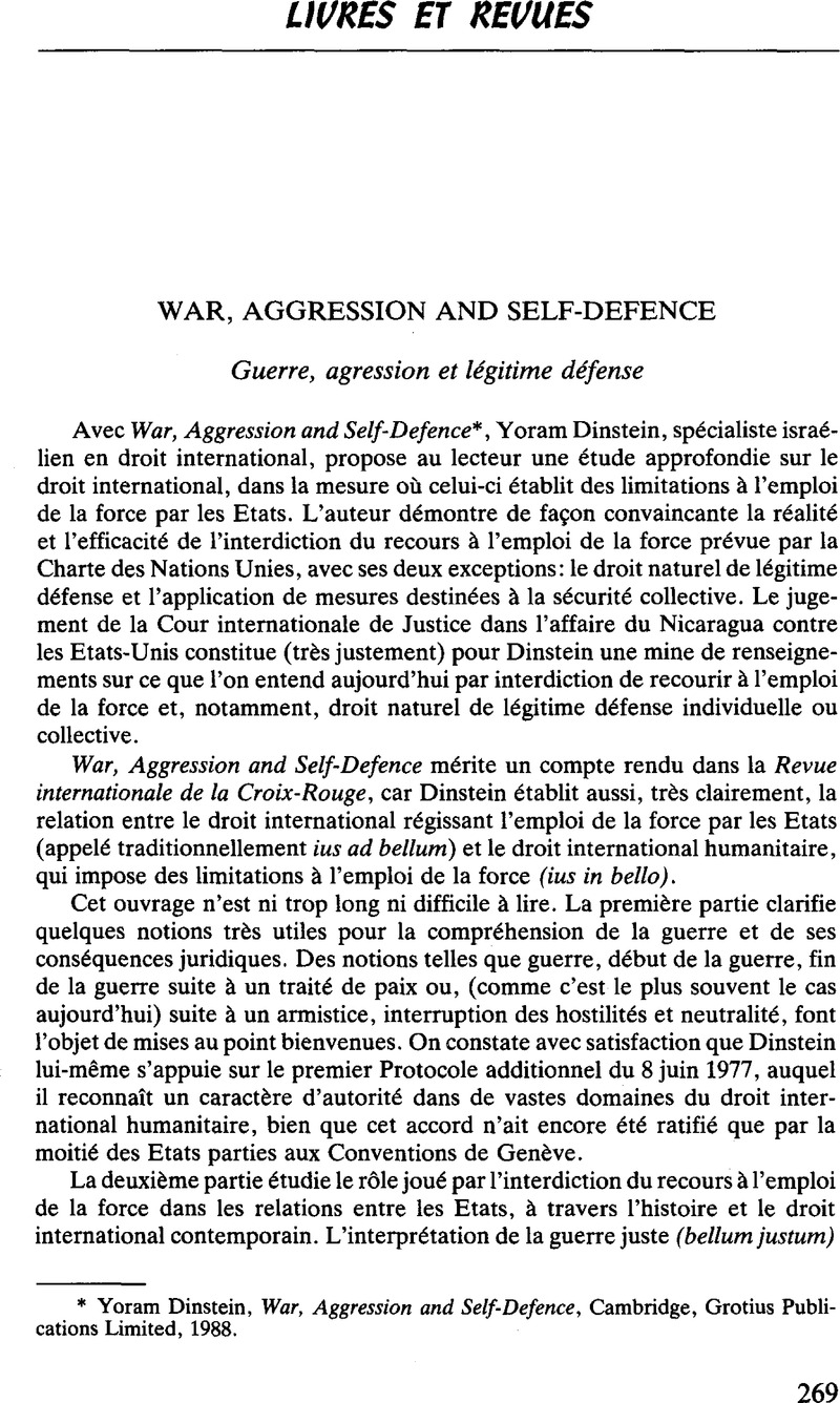 War Aggression And Self Defence Guerre Agression Et Legitime Defense Yoram Dinstein War Aggression And Self Defence Cambridge Grotius Publications Limited 19 International Review Of The Red Cross Cambridge Core