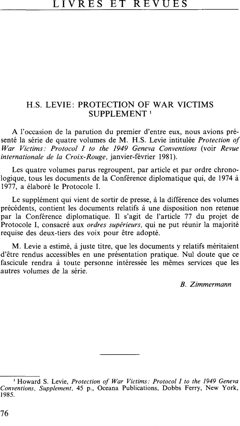 H S Levie Protection Of War Victims Supplement Howard S Levie Protection Of War Victims Protocol I To The 1949 Geneva Conventions Supplement 45 P Oceana Publications Dobbs Ferry New York 1985