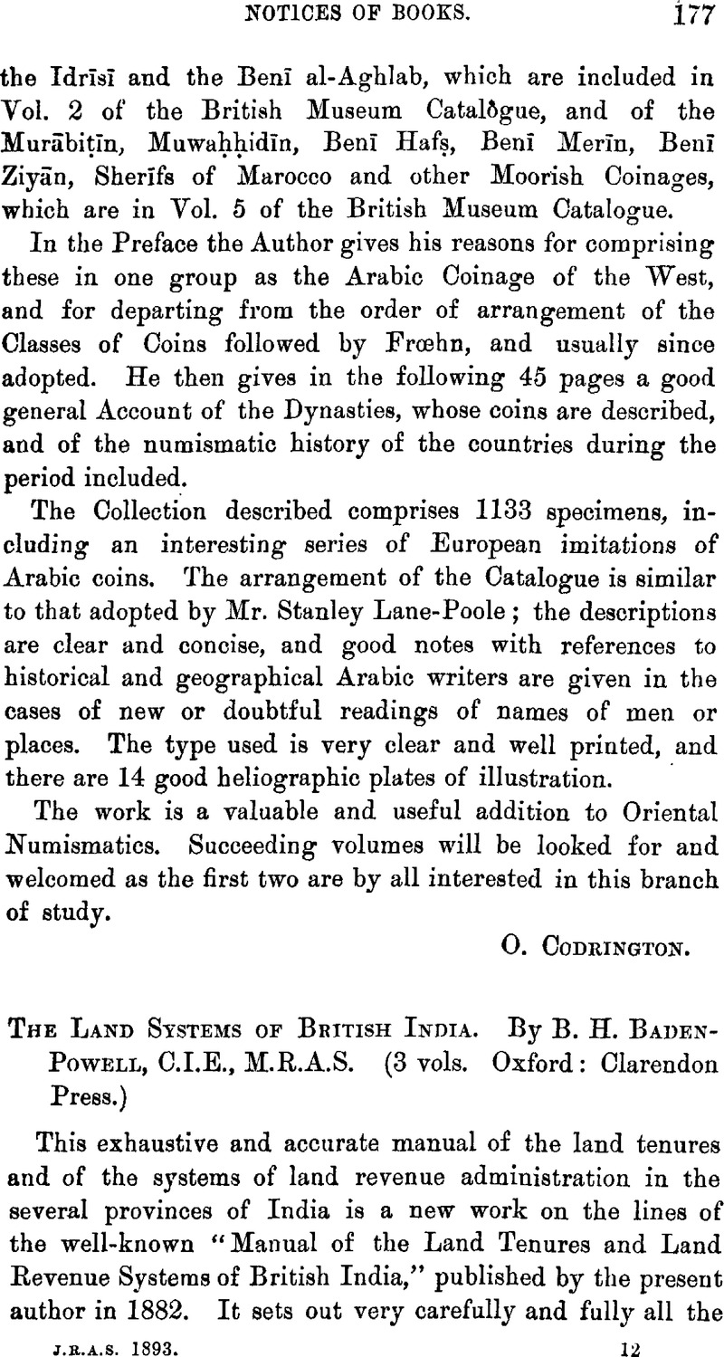 Iv Notices Of Books The Land Systems Of British India By B H Baden Powell C I E M R A S 3 Vols Oxford Clarendon Press Journal Of The Royal Asiatic Society Cambridge Core