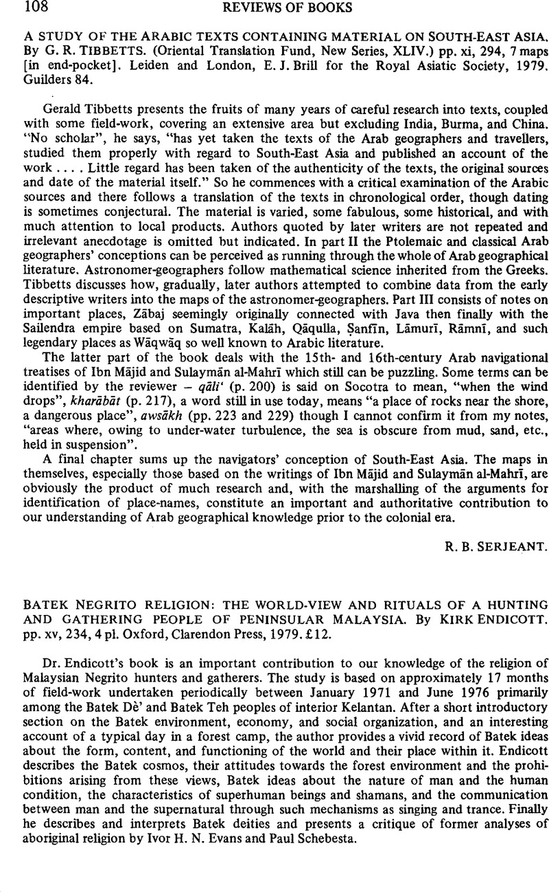 A Study Of The Arabic Texts Containing Material On South East Asia By G R Tibbetts Oriental Translation Fund New Series Xliv Pp Xi 294 7 Maps In End Pocket Leiden And London E J