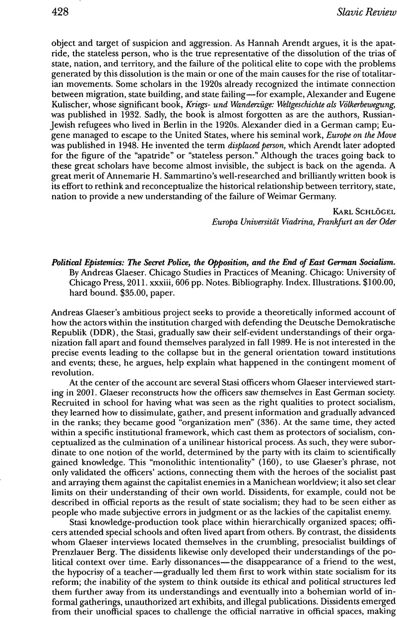 Political Epistemics The Secret Police The Opposition And The End Of East German Socialism By Andreas Glaeser Chicago Studies In Practices Of Meaning Chicago University Of Chicago Press 11 Xxxiii 606 Pp