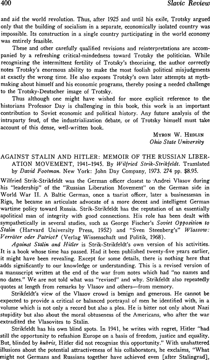 Against Stalin and Memoir the Russian Liberation Movement, 1941-1945. By Wilfried Strik-Strikfeldt. Translated by David New York: John Day Company, 1973. 274 pp. $8.95. | Slavic Review | Cambridge Core