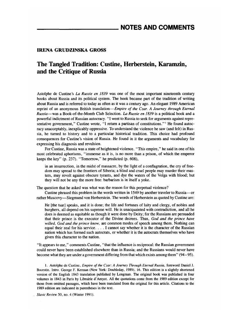 The Tangled Tradition Custine Herberstein Karamzin And The Critique Of Russia Slavic Review Cambridge Core