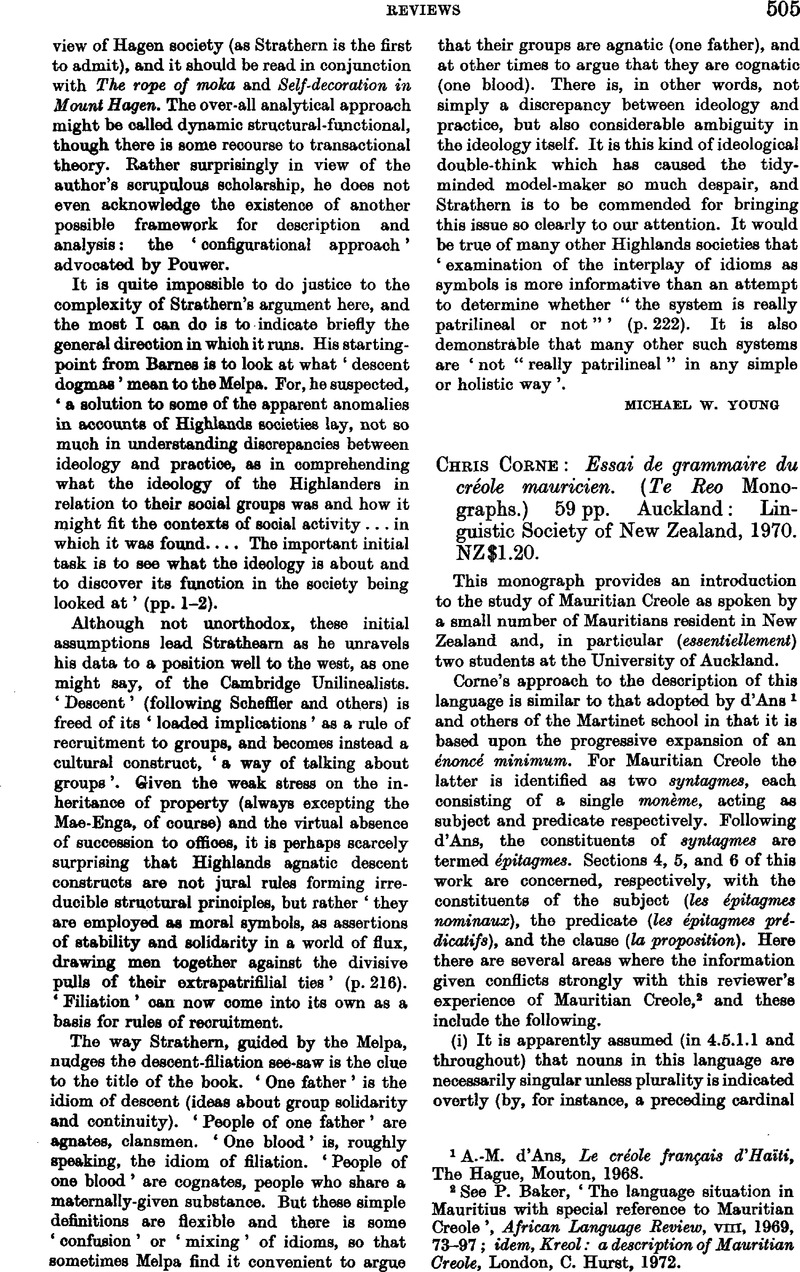 Chris Corne Essai De Grammaire Du Creole Mauricien Te Reo Monographs 59 Pp Auckland Linguistic Society Of New Zealand 1970 Nz 1 Bulletin Of The School Of Oriental And African Studies Cambridge Core