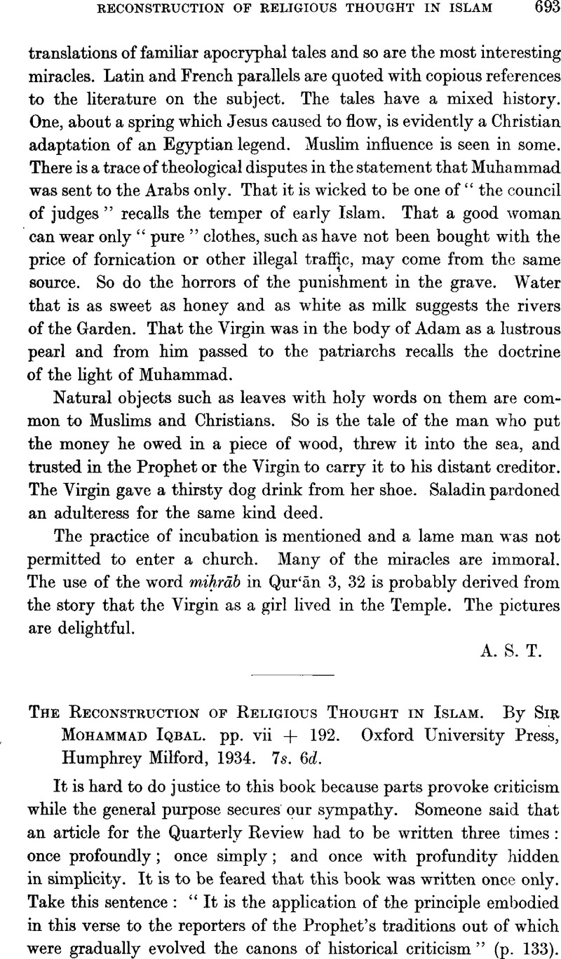 The Reconstruction Of Religious Thought In Islam By Sirmohammad Iqbal Pp Vii 192 Oxford University Press Humphrey Milford 1934 7s 6d Bulletin Of The School Of Oriental And African Studies Cambridge Core