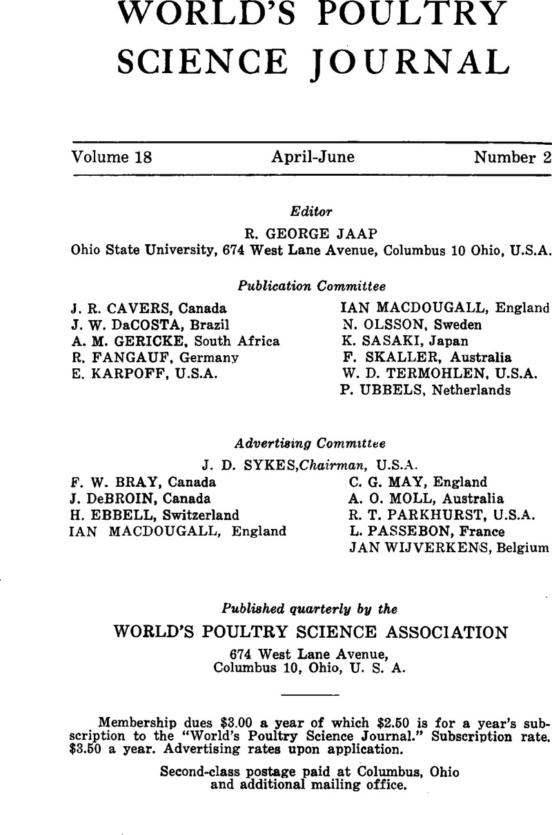 Wps Volume 18 Issue 2 Cover And Back Matter World S Poultry Science Journal Cambridge Core