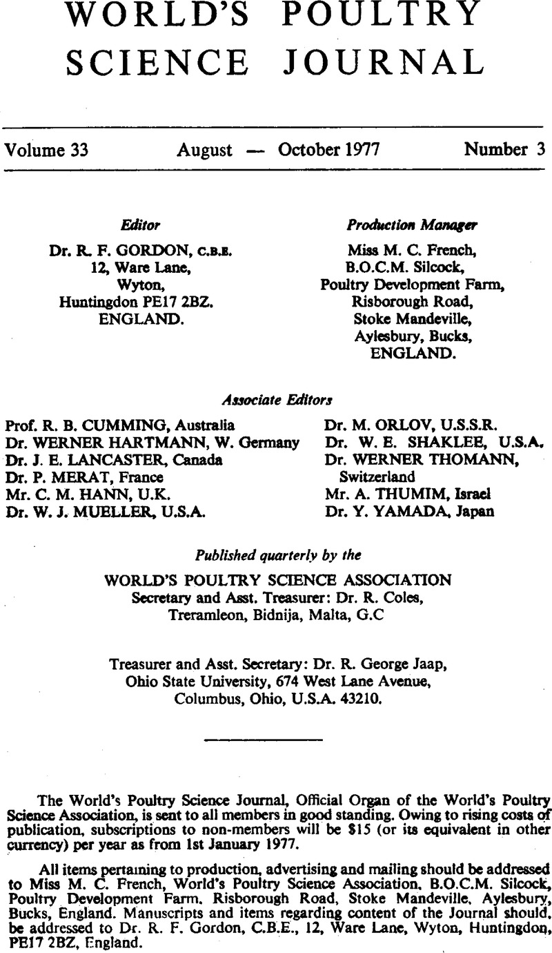 Wps Volume 33 Issue 3 Cover And Back Matter World S Poultry Science Journal Cambridge Core