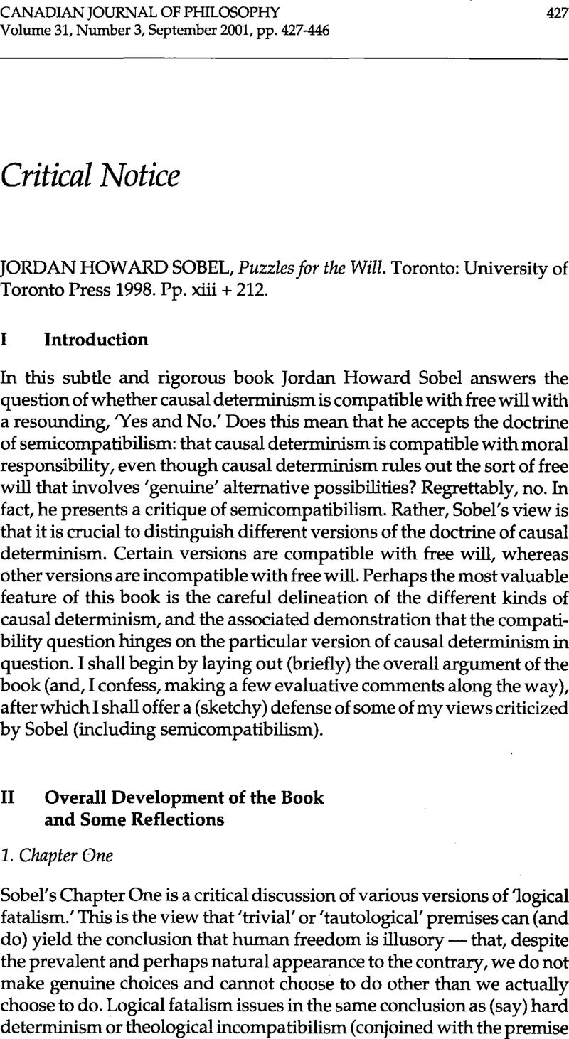 Jordan Howard Puzzles for the Will. Toronto: University of Toronto 1998. Pp. xiii + 212. | Canadian Journal of Philosophy | Cambridge Core