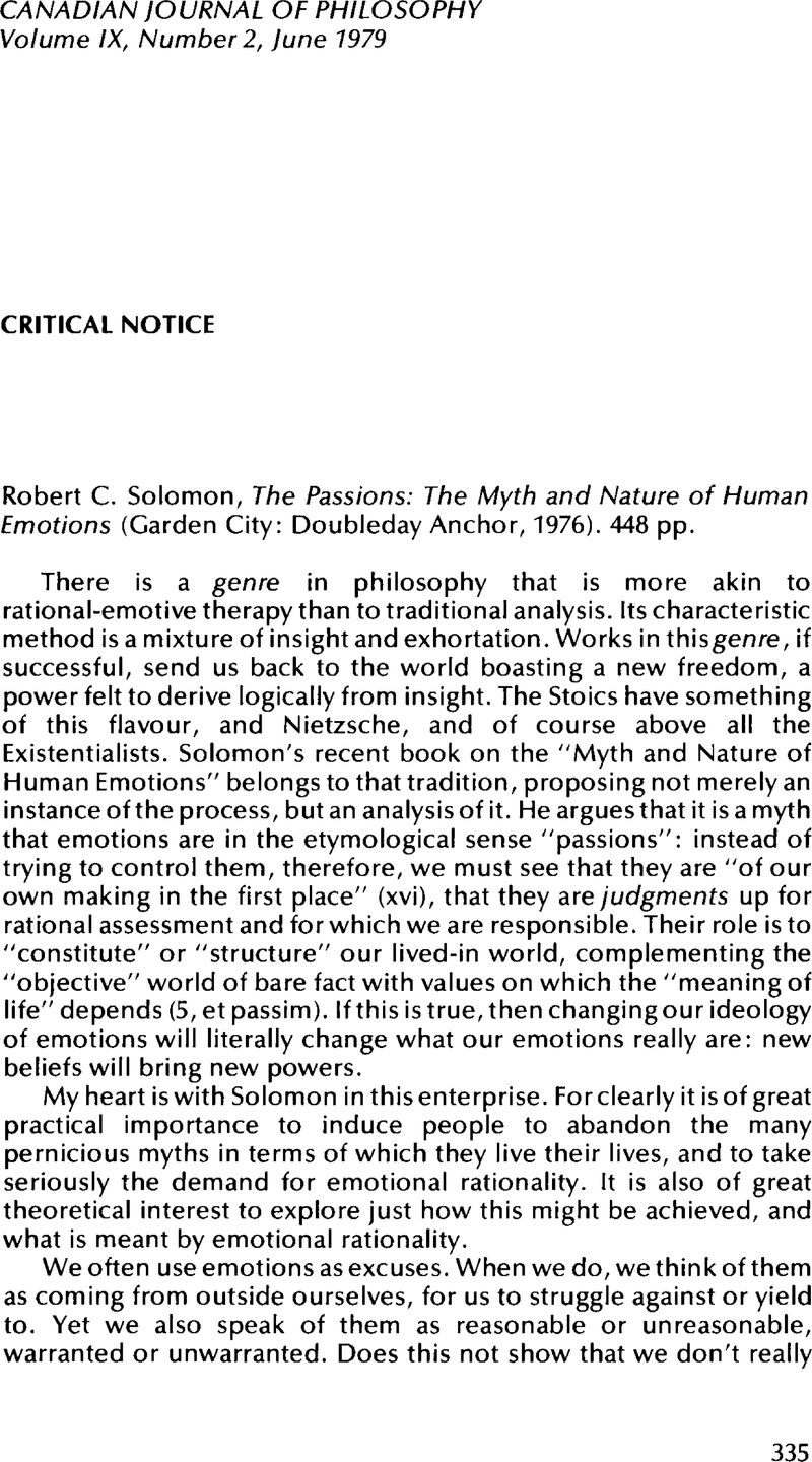 Robert C Solomon The Passions The Myth And Nature Of Human Emotions Garden City Doubleday Anchor 1976 448 Pp Canadian Journal Of Philosophy Cambridge Core