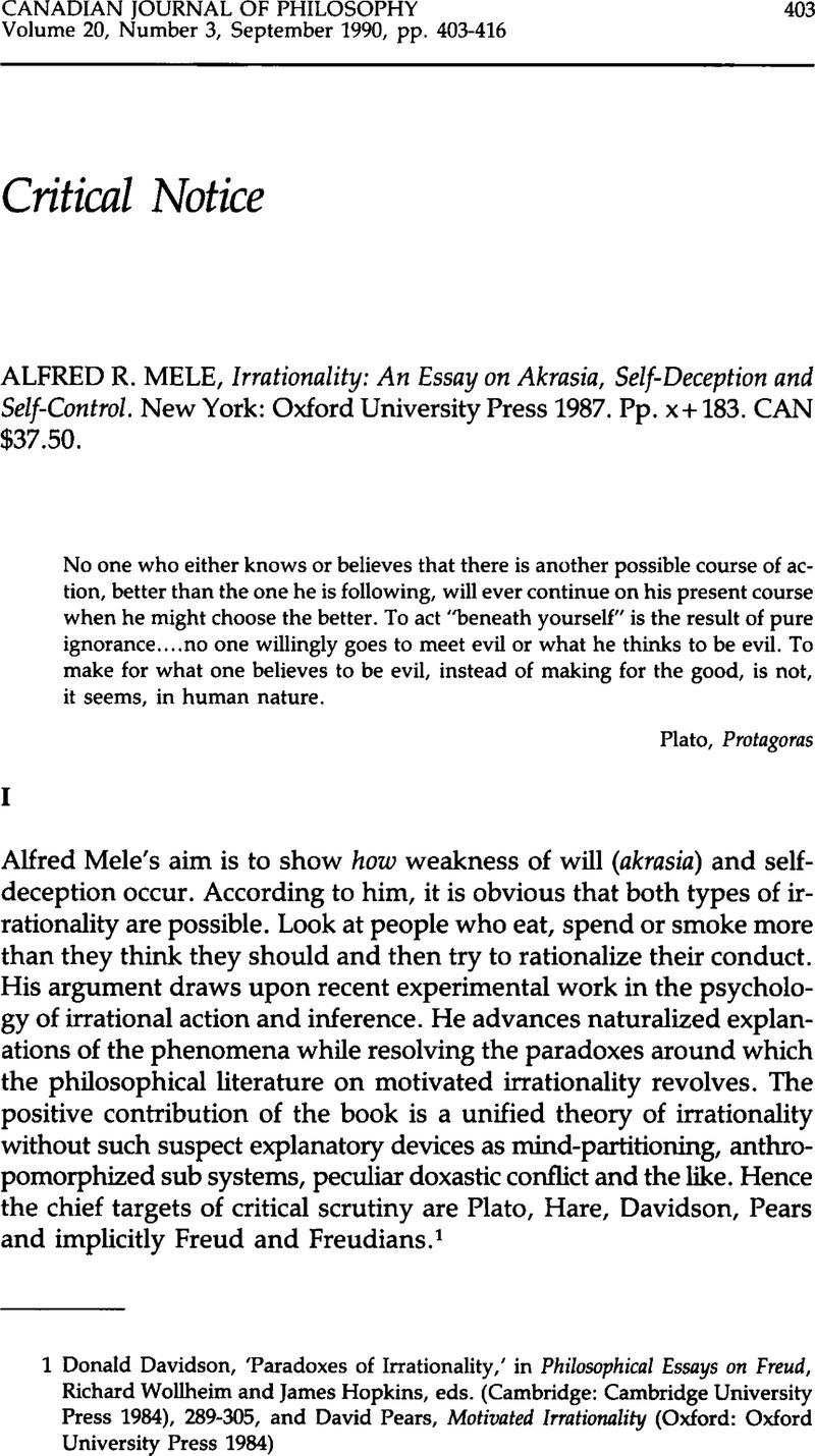 Alfred R Mele Irrationality An Essay On Akrasia Self Deception And Self Control New York Oxford University Press 1987 Pp X 1 Can 37 50 Canadian Journal Of Philosophy Cambridge Core