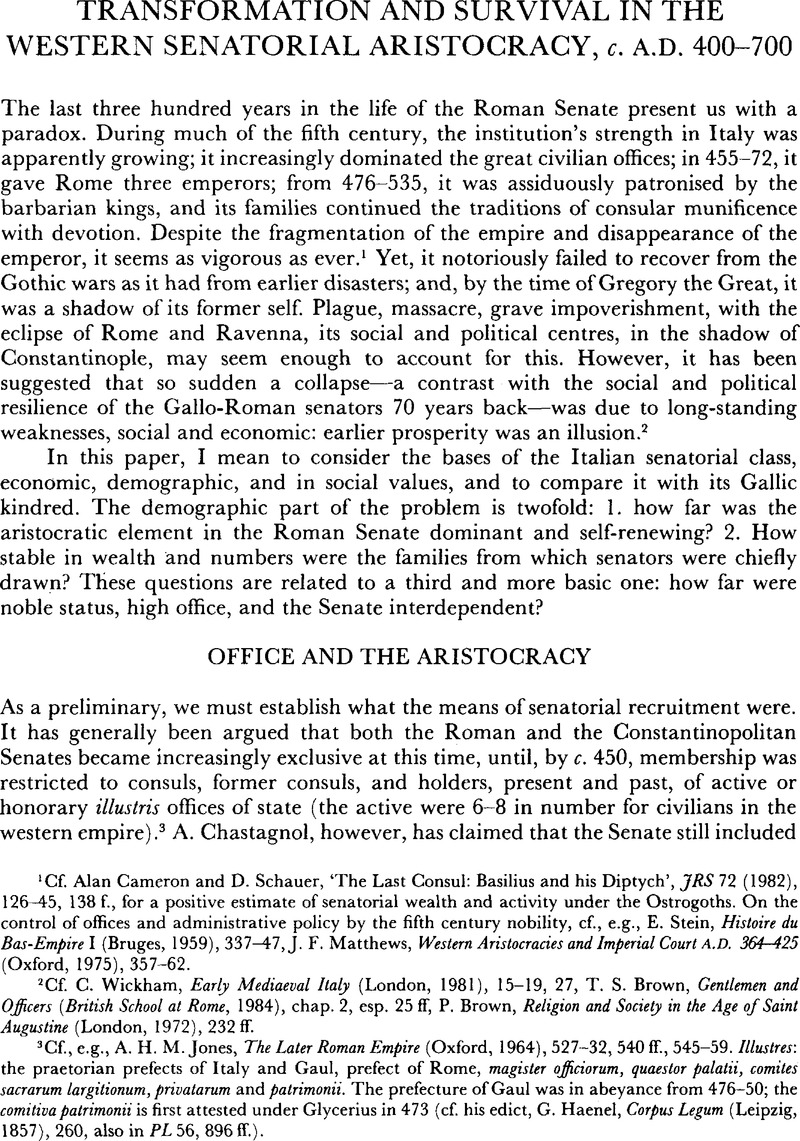 Transformation And Survival In The Western Senatorial Aristocracy C A D 400 700 Papers Of The British School At Rome Cambridge Core
