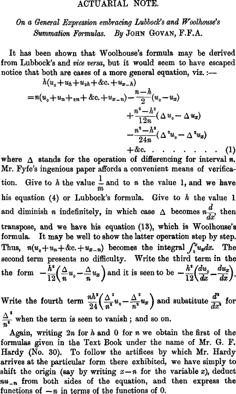 On A General Expression Embracing Lubbock S And Woolhouse S Summation Formulas Transactions Of The Faculty Of Actuaries Cambridge Core