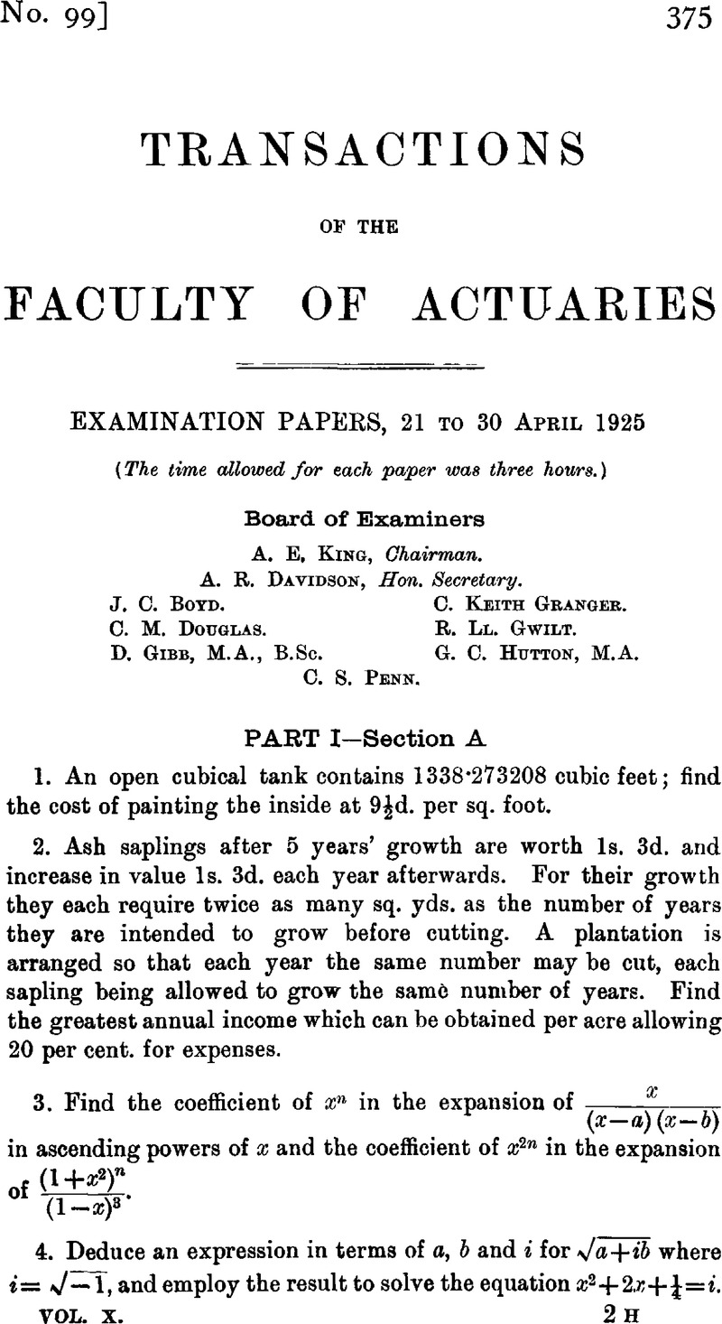 Examination Papers 21 To 30 April 1925 Transactions Of The Faculty Of Actuaries Cambridge Core