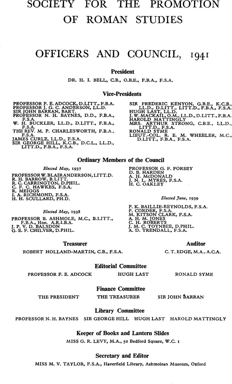 List Of Officers And Council For The Year 1941 2 The Journal Of Roman Studies Cambridge Core