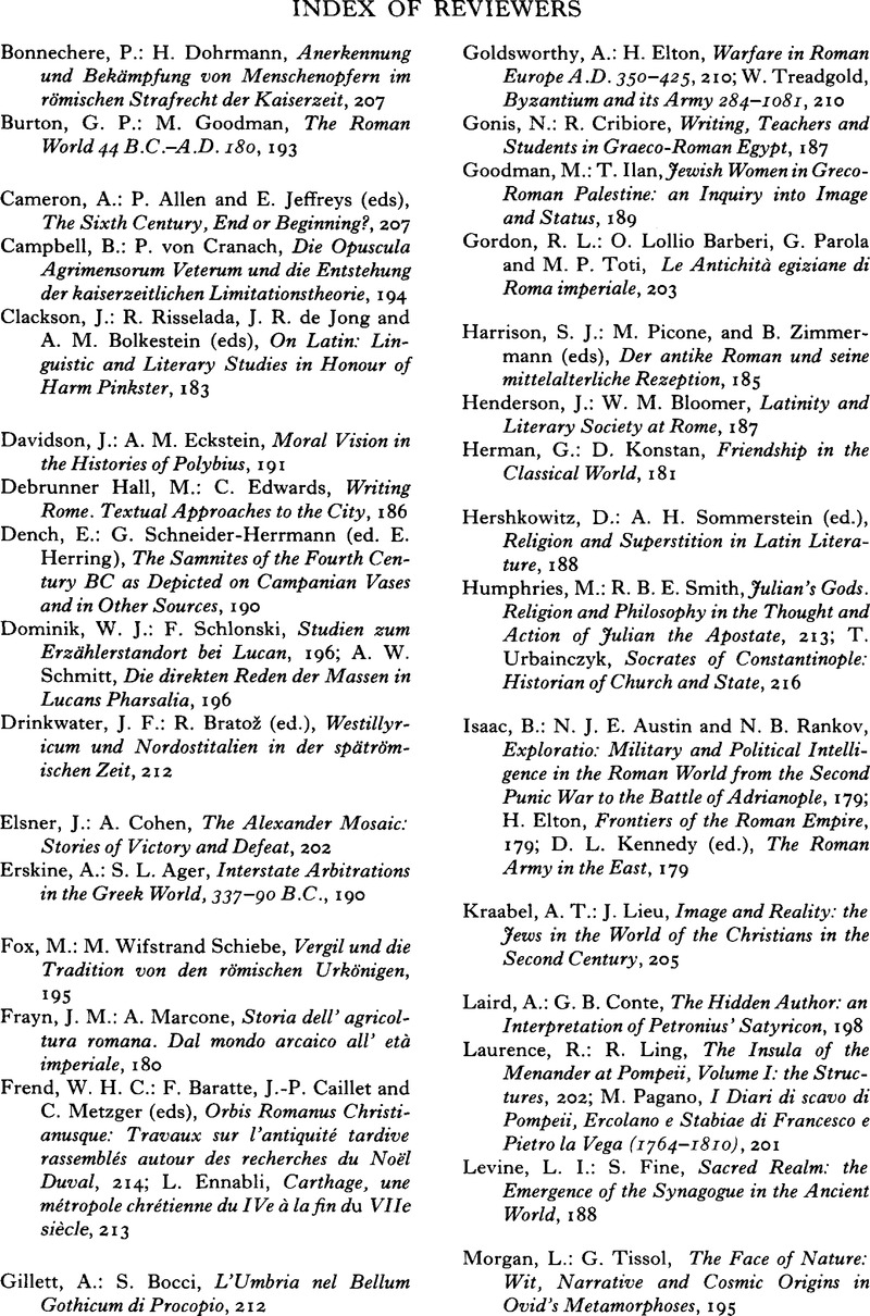 Index Of Reviewers The Journal Of Roman Studies Cambridge Core