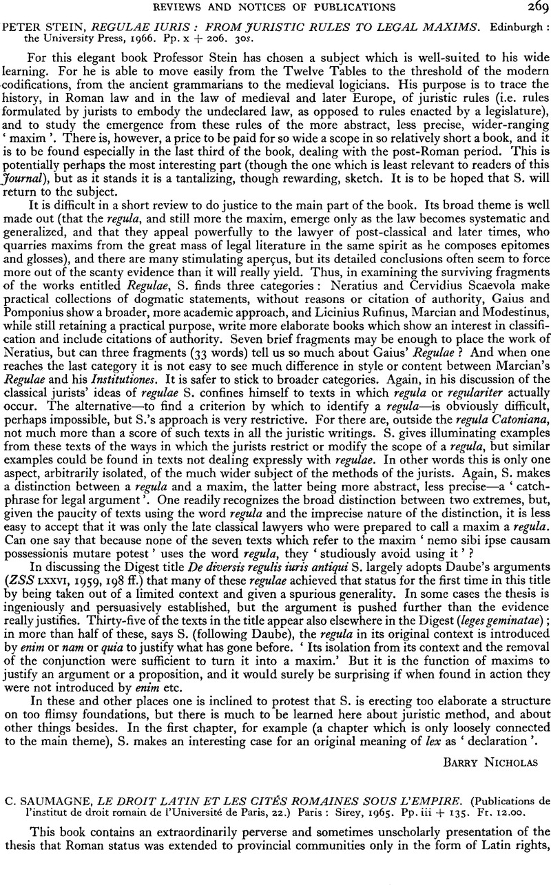 C Saumagne Le Droit Latin Et Les Cites Romaines Sous L Empire Publications De L Institut De Droit Romain De L Universite De Paris 22 Paris Sirey 1965 Pp Iii 135 Fr 12 00