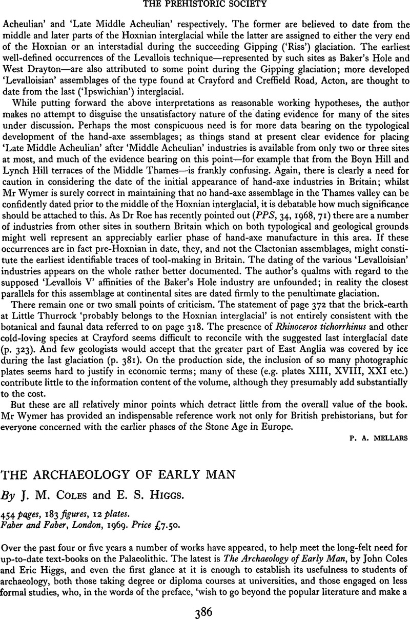 The Archaeology Of Early Man By J M Coles And E S Higgs 454 Pages 1 Figures 12 Plates Faber And Faber London 1969 Price A 7 50 Proceedings Of The Prehistoric Society Cambridge Core