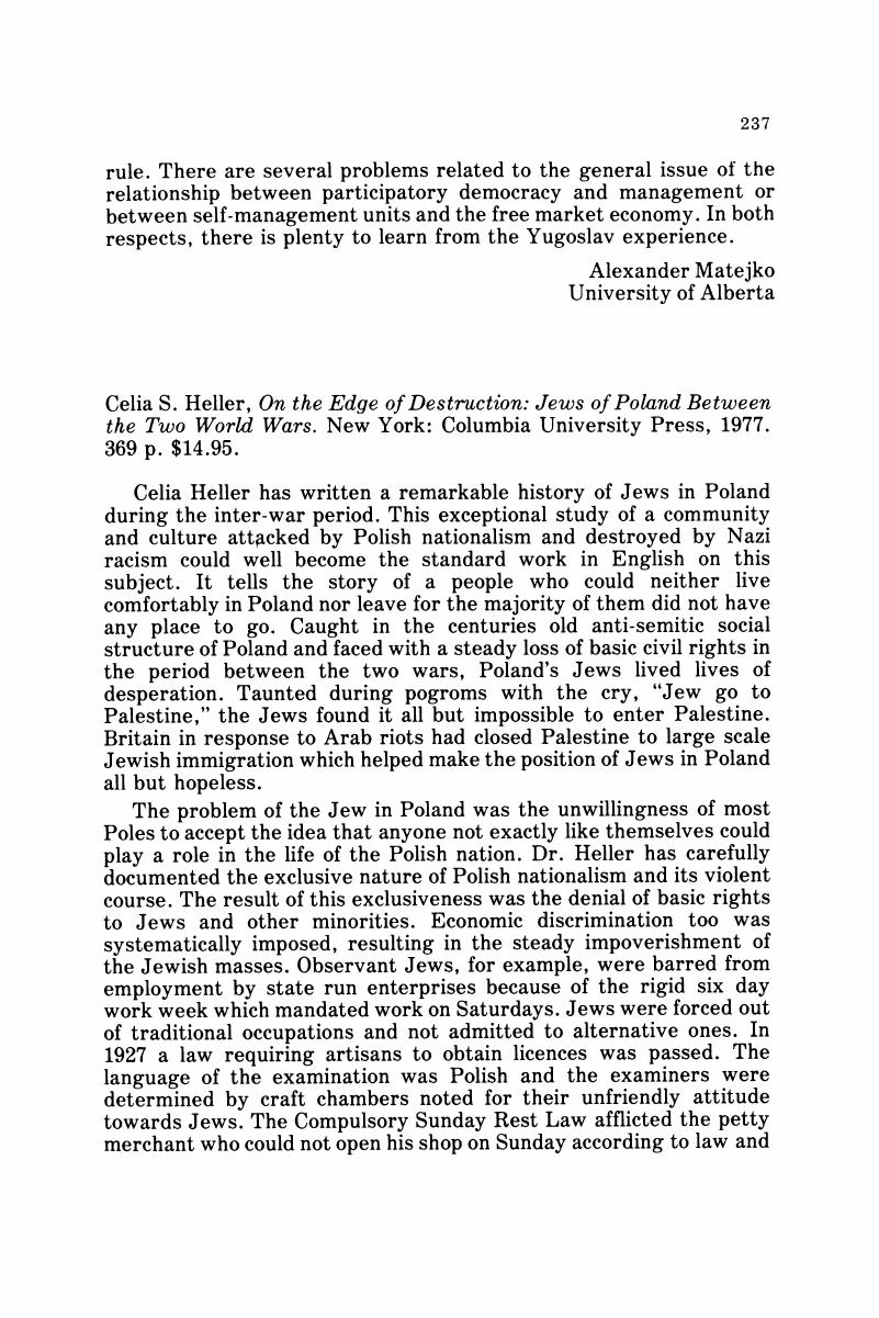 Celia S. Heller, On the Edge of Destruction: Jews of Poland Between the Two  World Wars. New York: Columbia University Press, 1977. 369 p. $14.95., Nationalities Papers