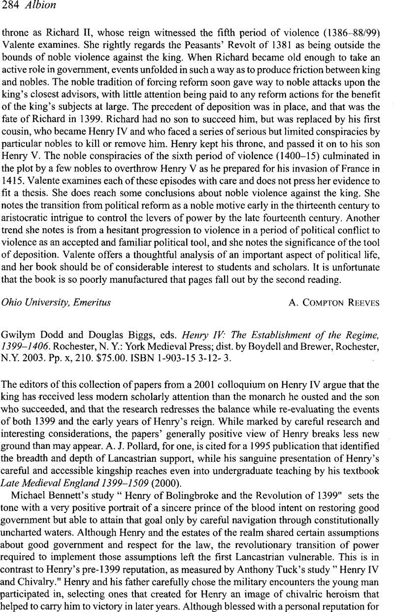 Gwilym Dodd And Douglas Biggs Eds Henry Iv The Establishment Of The Regime 1399 1406 Rochester N Y York Medieval Press Dist By Boydell And Brewer Rochester N Y 03 Pp X 210 75 00 Isbn 1 903 15 3 12 3 Albion Cambridge Core