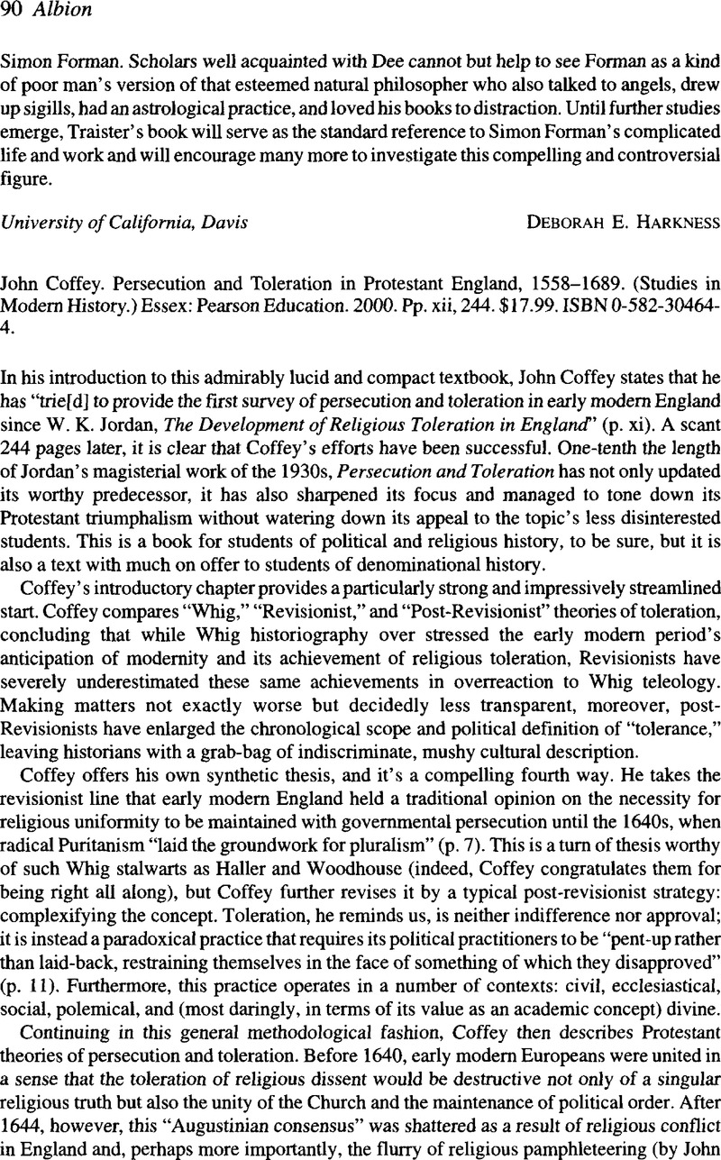 John Coffey Persecution And Toleration In Protestant England 1558 16 Studies In Modern History Essex Pearson Education 00 Pp Xii 244 17 99 Isbn 0 5 4 Albion Cambridge Core