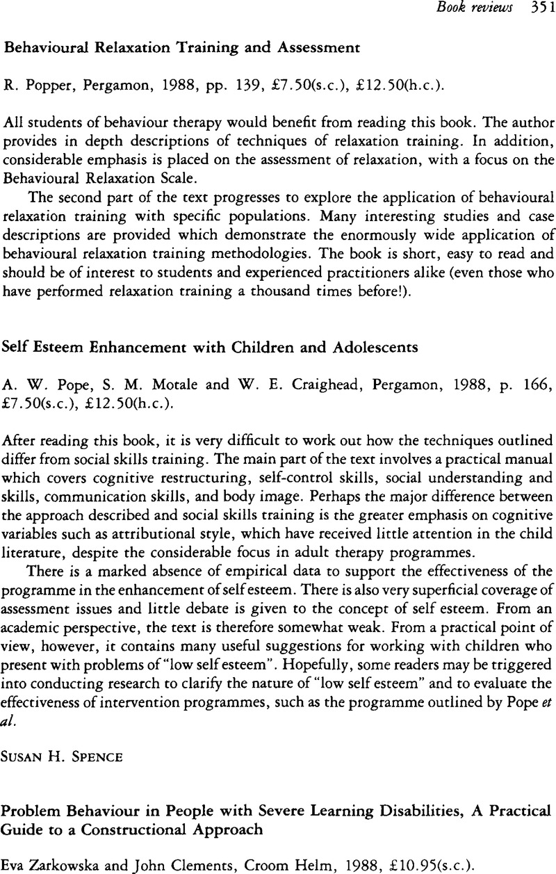 Self Esteem Enhancement With Children And Adolescentsa W Pope S M Motale And W E Craighead Pergamon 19 P 166 7 50 S C 12 50 H C Behavioural And Cognitive Psychotherapy Cambridge Core