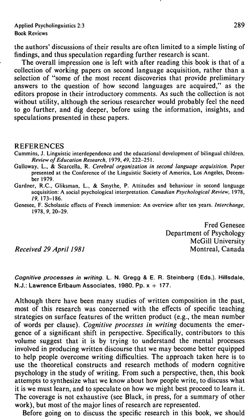 Cognitive Processes In Writing L N Gregg E R Steinberg Eds Hillsdale N J Lawrence Erlbaum Associates 1980 Pp X 177 Applied Psycholinguistics Cambridge Core