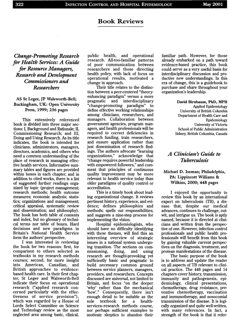 A Clinician S Guide To Tuberculosis Michael D Iseman Philadelphia Pa Lippincott Williams Wilkins 2000 448 Pages Infection Control Hospital Epidemiology Cambridge Core