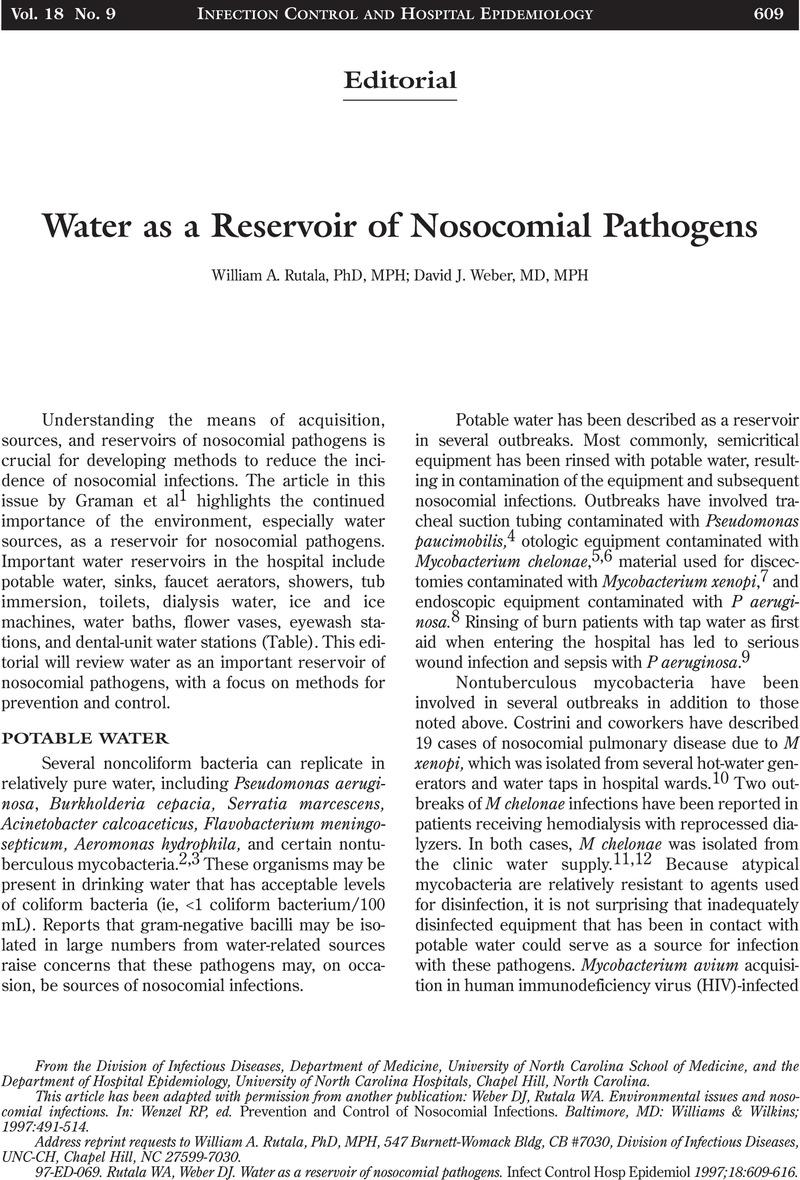 Water as a Reservoir of Nosocomial Pathogens, Infection Control & Hospital  Epidemiology