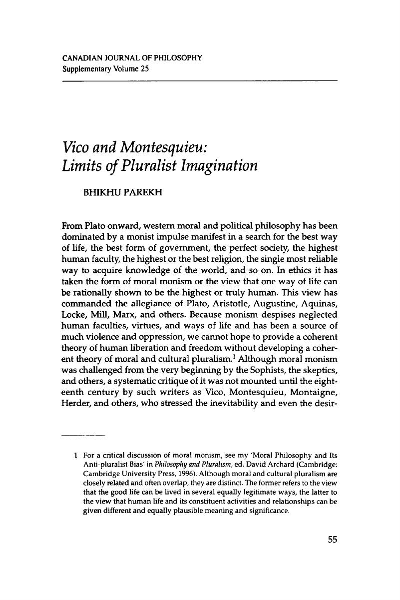 Vico And Montesquieu Limits Of Pluralist Imagination Canadian Journal Of Philosophy Supplementary Volume Cambridge Core