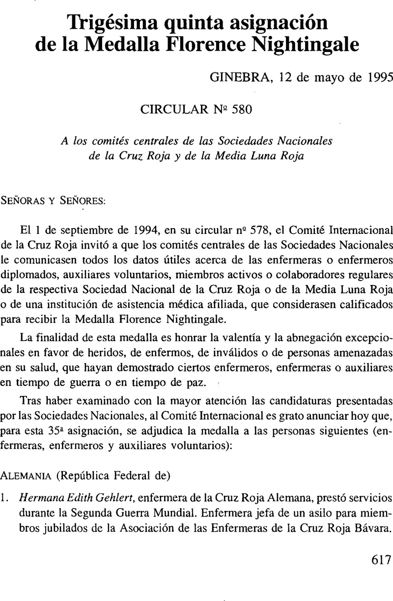 Trigésima quinta asignación de la Medalla Florence Nightingale | Revista  Internacional de la Cruz Roja | Cambridge Core