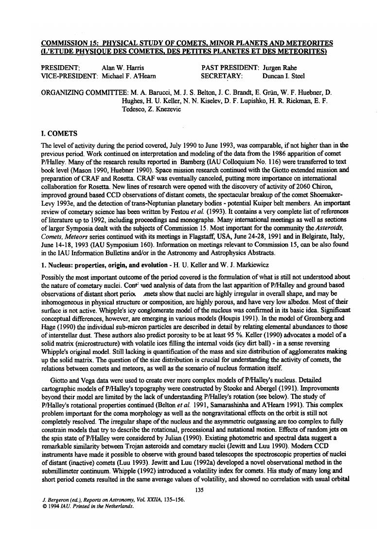 Commission 15 Physical Study Of Comets Minor Planets And Meteorites L Etude Physique Des Cometes Des Petites Planetes Et Des Meteorites Transactions Of The International Astronomical Union Cambridge Core
