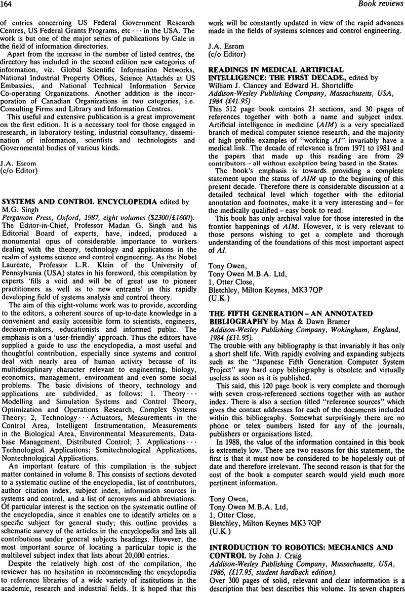 Ithaca bølge Reklame Introduction to Robotics: Mechanics and Control by John J. Craig  Addison-Wesley Publishing Company, Massachusetts, USA, 1986, (£17.95,  student hardback edition). | Robotica | Cambridge Core
