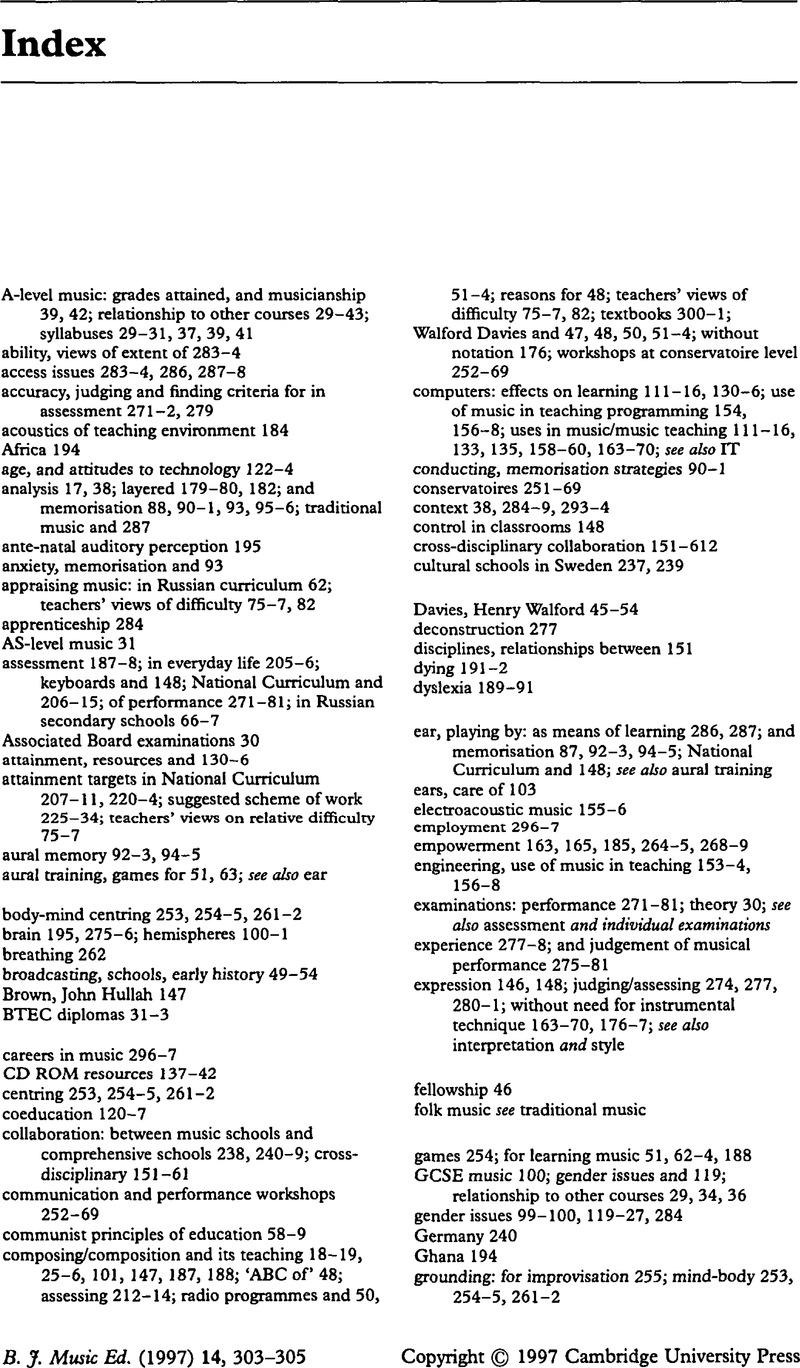 Index British Journal Of Music Education Cambridge Core