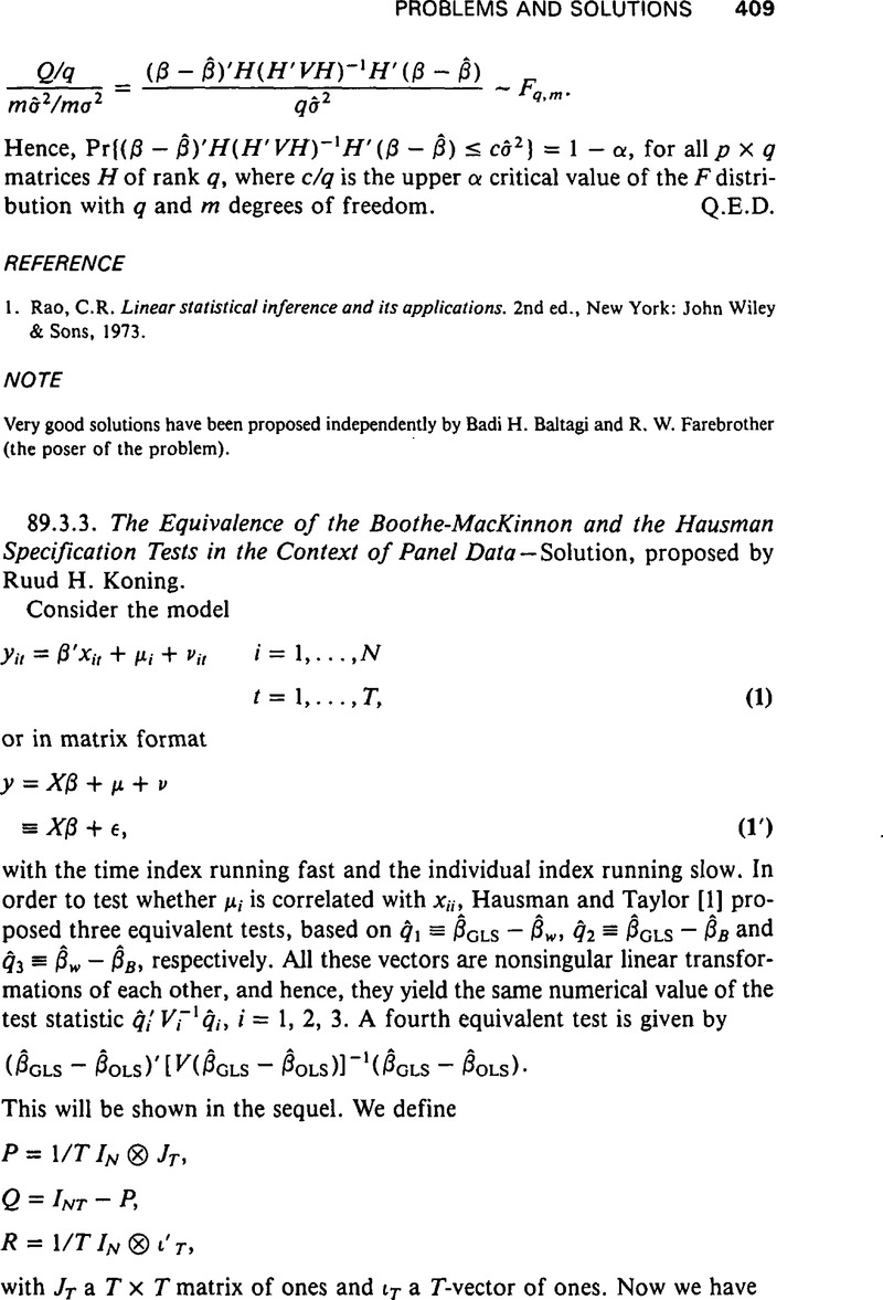 The Equivalence Of The Boothe Mackinnon And The Hausman Specification Tests In The Context Of Panel Data Econometric Theory Cambridge Core
