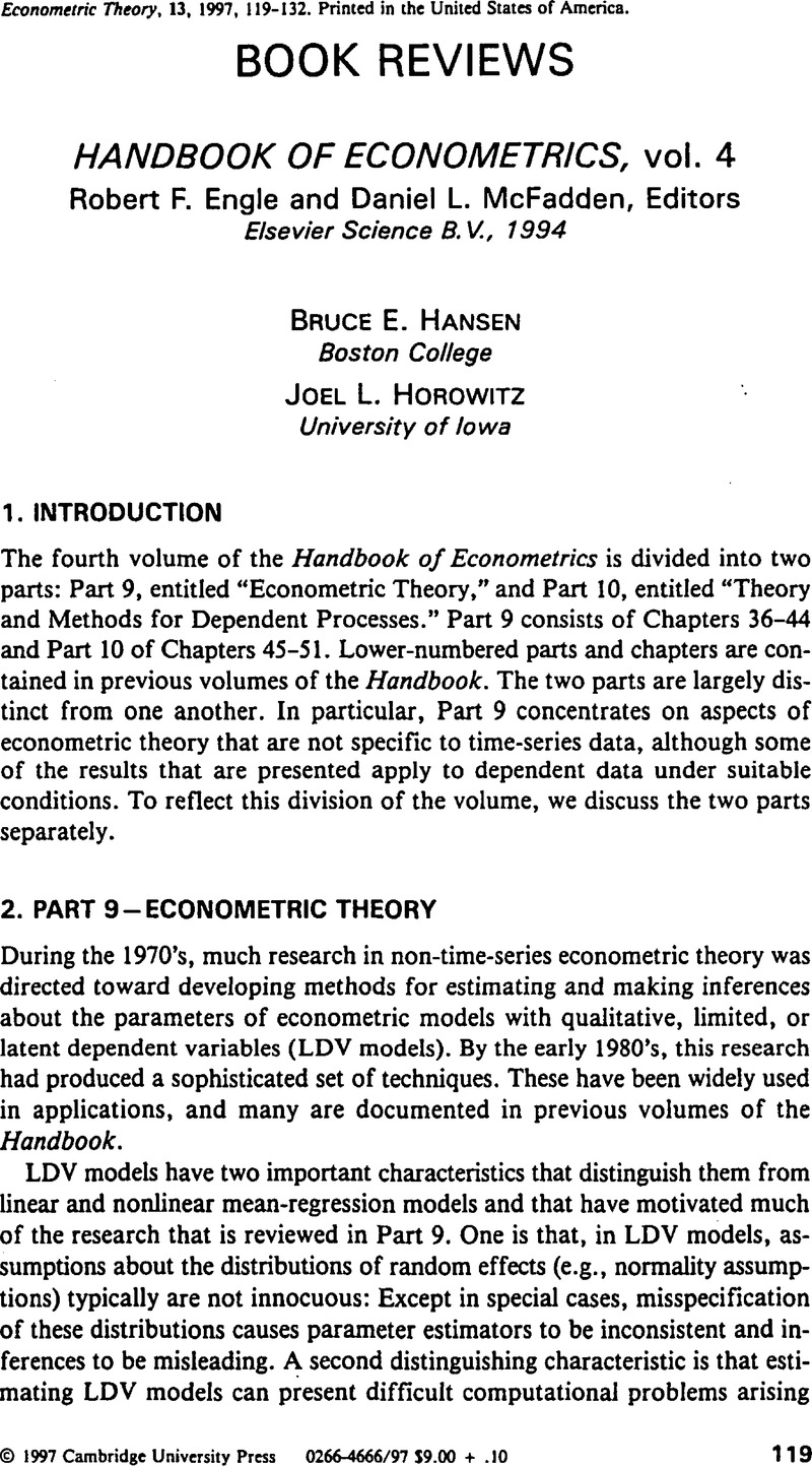 Handbook Of Econometrics Vol 4robert F Engle And Daniel L Mcfadden Editors Elsevier Science B V 1994 Econometric Theory Cambridge Core
