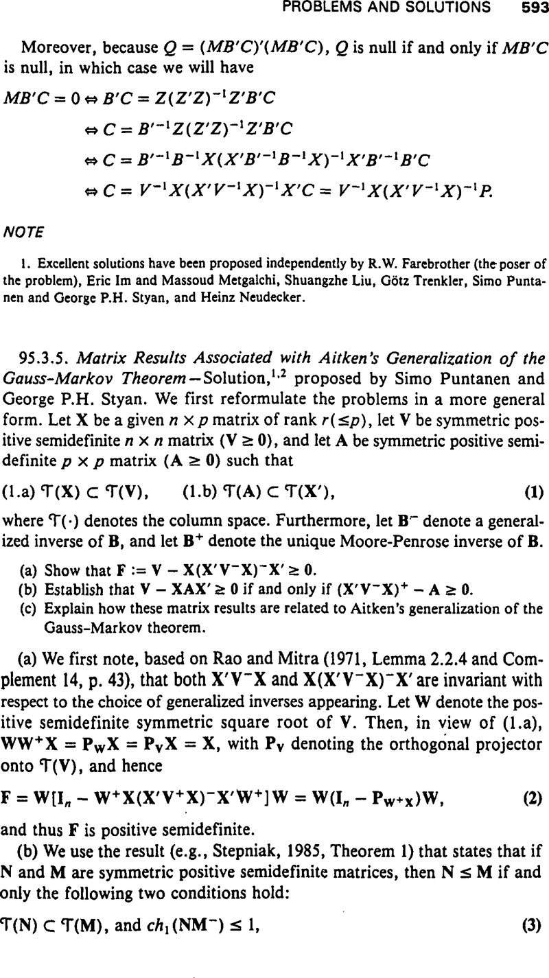 Matrix Results Associated With Aitken S Generalization Of The Gauss Markov Theorem Econometric Theory Cambridge Core