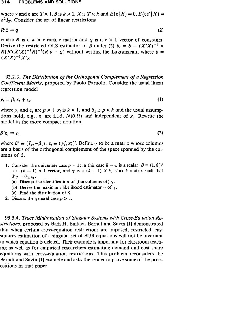 The Distribution Of The Orthogonal Complement Of A Regression Coefficient Matrix Econometric Theory Cambridge Core