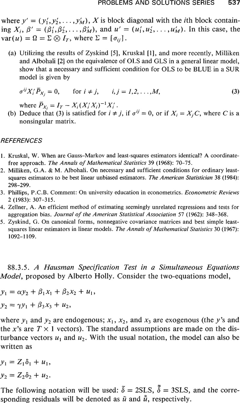 A Hausman Specification Test In A Simultaneous Equations Model Econometric Theory Cambridge Core