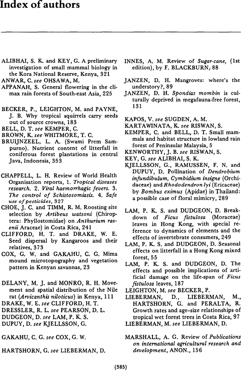 Index Of Authors Journal Of Tropical Ecology Cambridge Core