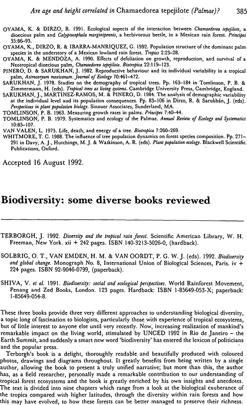 J Terborgh 1992 Diversity And The Tropical Rain Forest Scientific American Library W H Freeman New York Xii 242 Pages Isbn 140 3213 5026 0 Hardback O T Solbrig H M Van Emden
