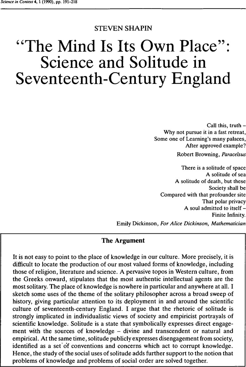 “The Mind Is Its Own Place”: Science and Solitude in Seventeenth-Century England