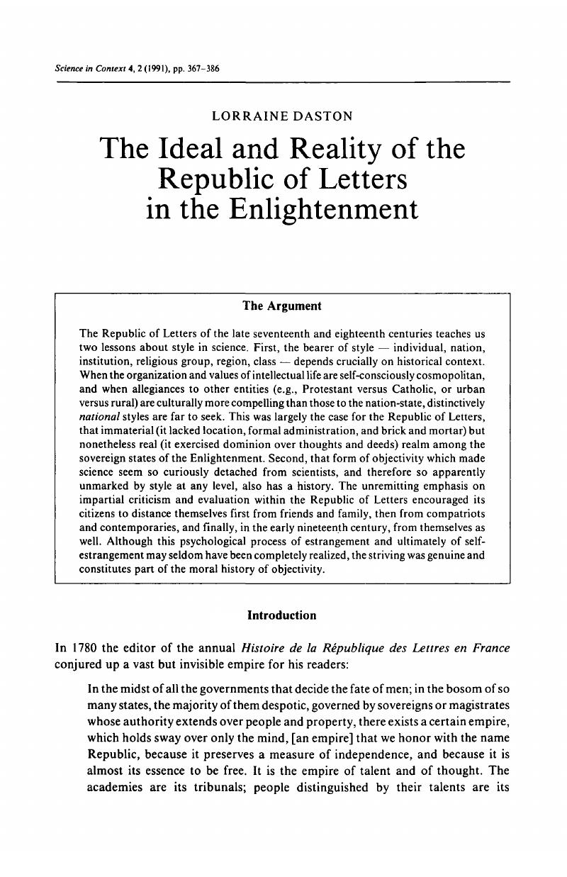 The Ideal And Reality Of The Republic Of Letters In The Enlightenment Science In Context Cambridge Core