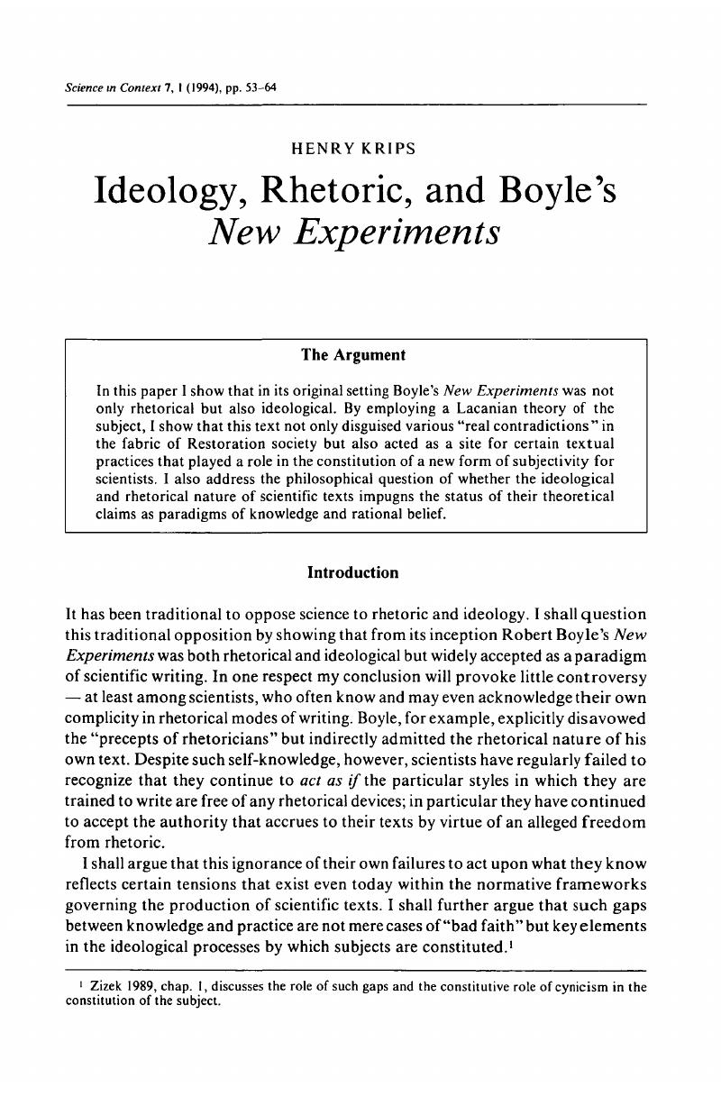 Ideology Rhetoric And Boyles New Experiments Science In