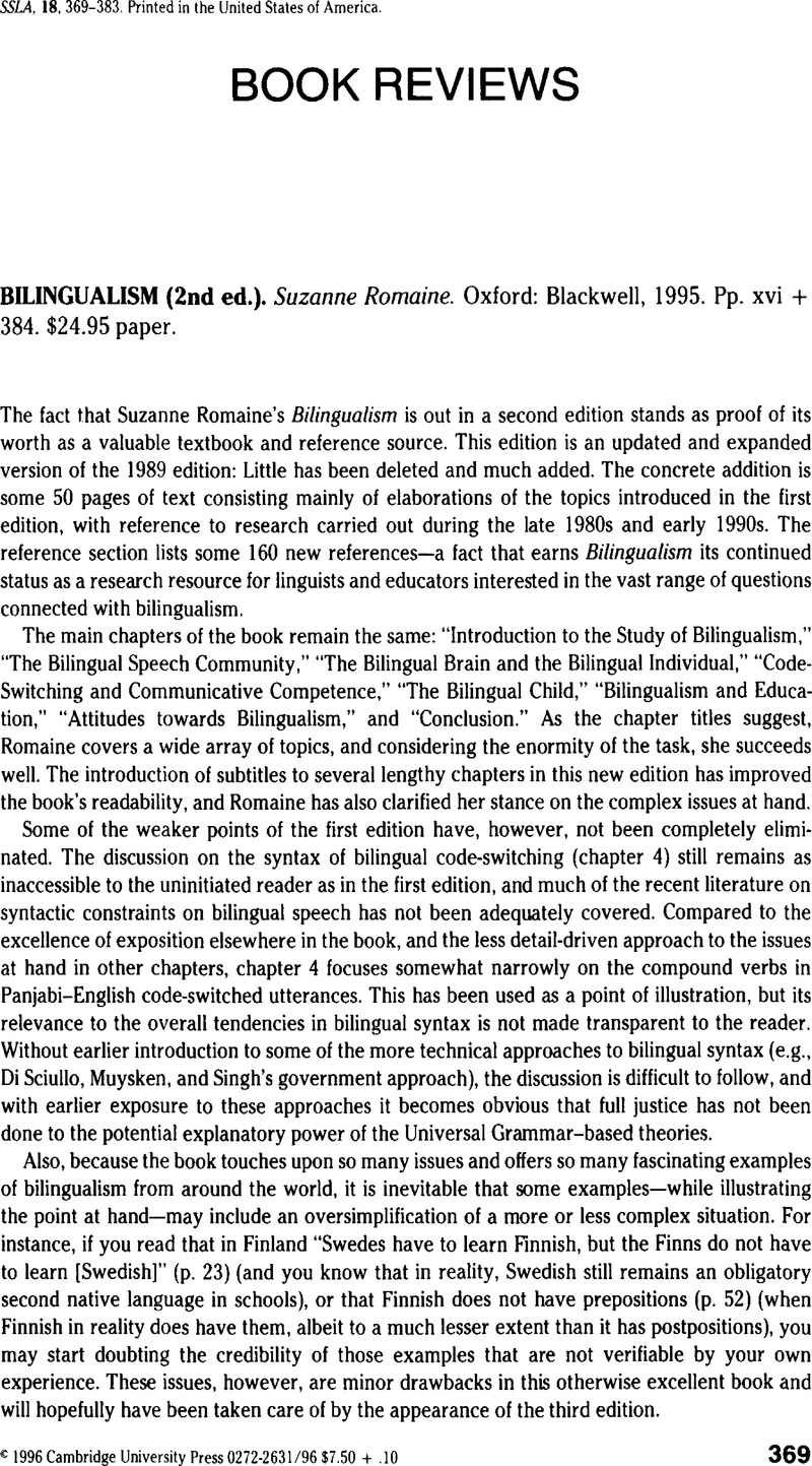 Bilingualism 2nd Ed Suzanne Romaine Oxford Blackwell 1995 Pp Xvi 384 24 95 Paper Studies In Second Language Acquisition Cambridge Core