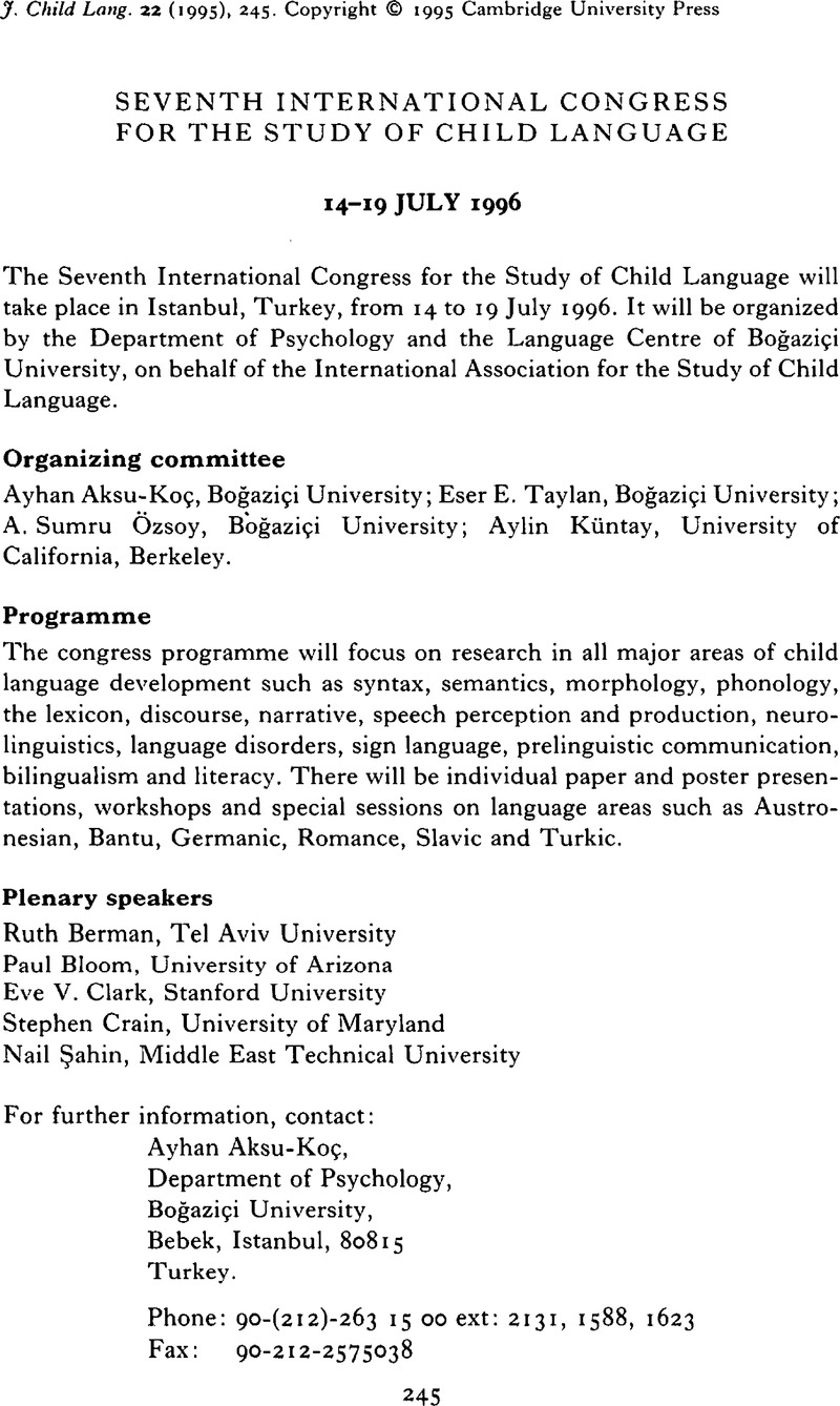 Seventh International Congress For The Study Of Child Language