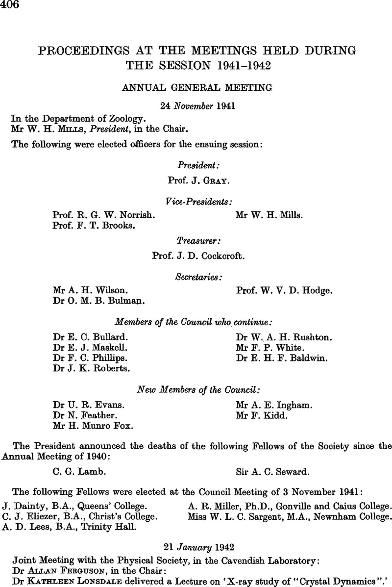 Proceedings At The Meetings Held During The Session 1941 1942 Mathematical Proceedings Of The Cambridge Philosophical Society Cambridge Core